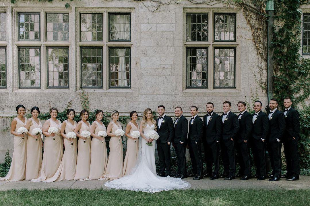 Chiffon Long Champagne Bridesmaid Dresses with Sexy High Slit and Front Ruffles