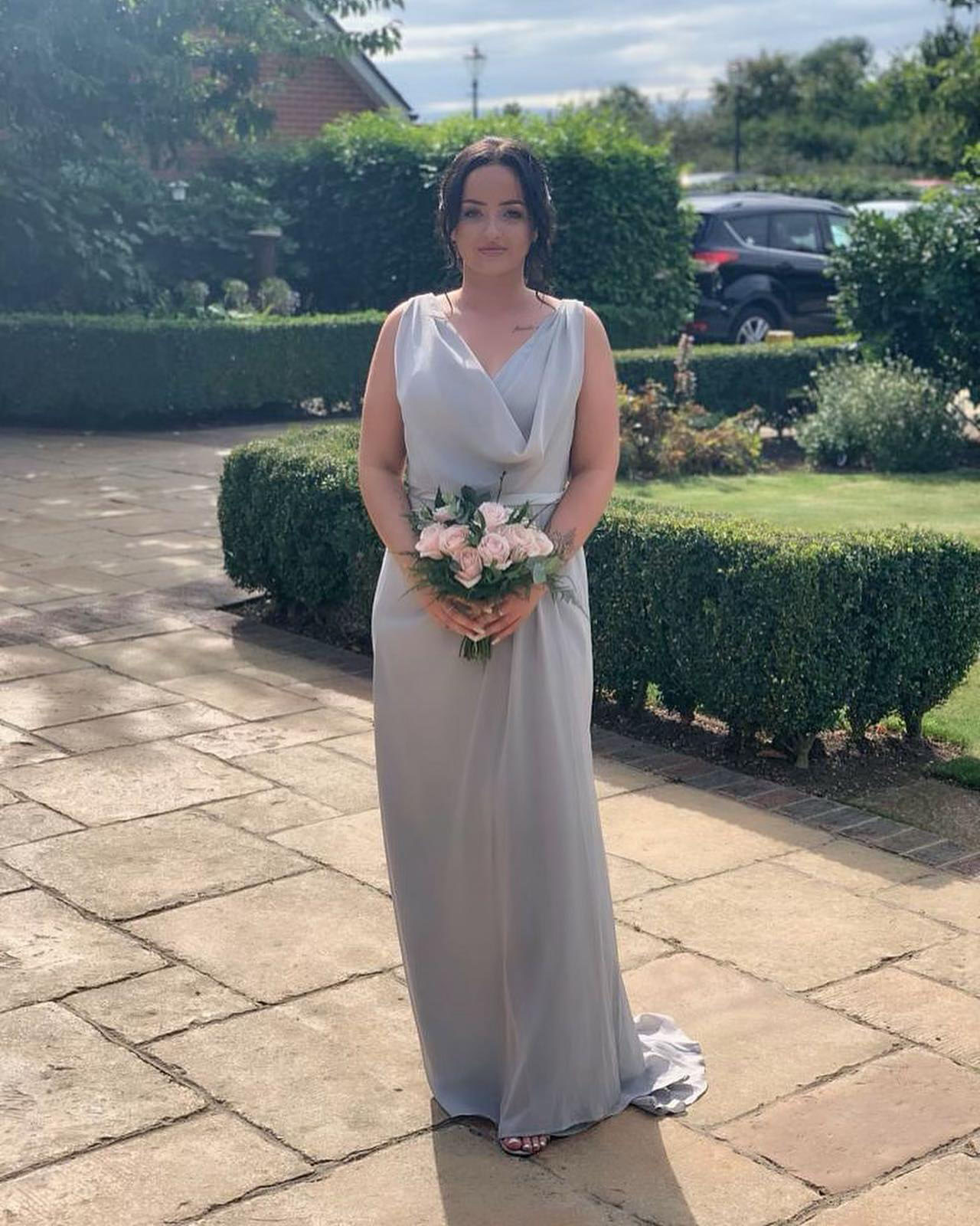 Chiffon Long Champagne Bridesmaid Dresses with Sexy High Slit and Front Ruffles