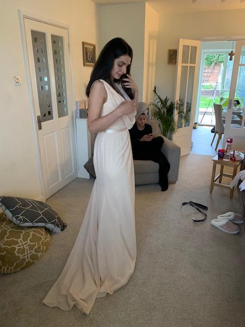 Chiffon Long Champagne Bridesmaid Dresses with Sexy High Slit and Front Ruffles