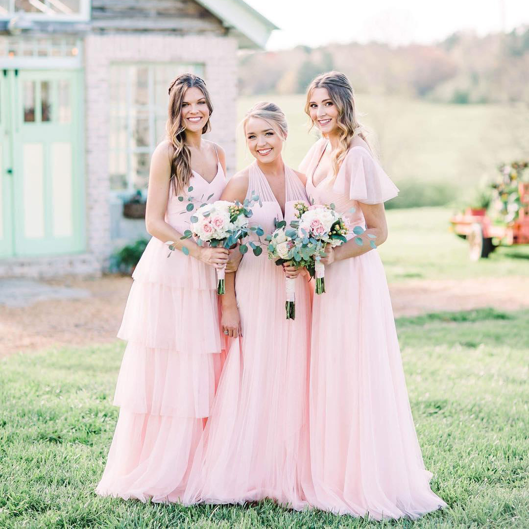 V-Neck A-Line Layered Long Tulle Bridesmaid Dress